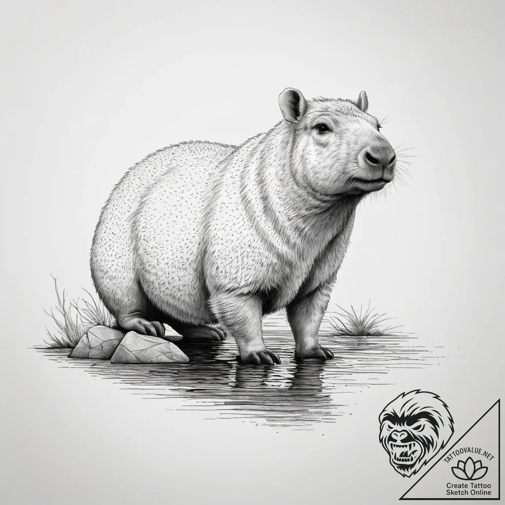 A capybara chilling in a hot spring, artistic... - tattoo sketch (№1753775558_0, 29.07.2025 07:52) — tattoovalue.net
