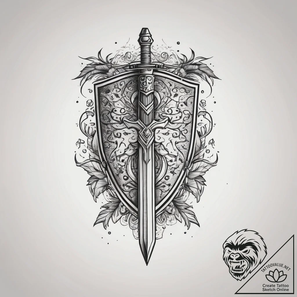 Tattoo design a pixelated sword and shield cr... - tattoo sketch (№1753775948_0, 29.07.2025 07:59) — tattoovalue.net