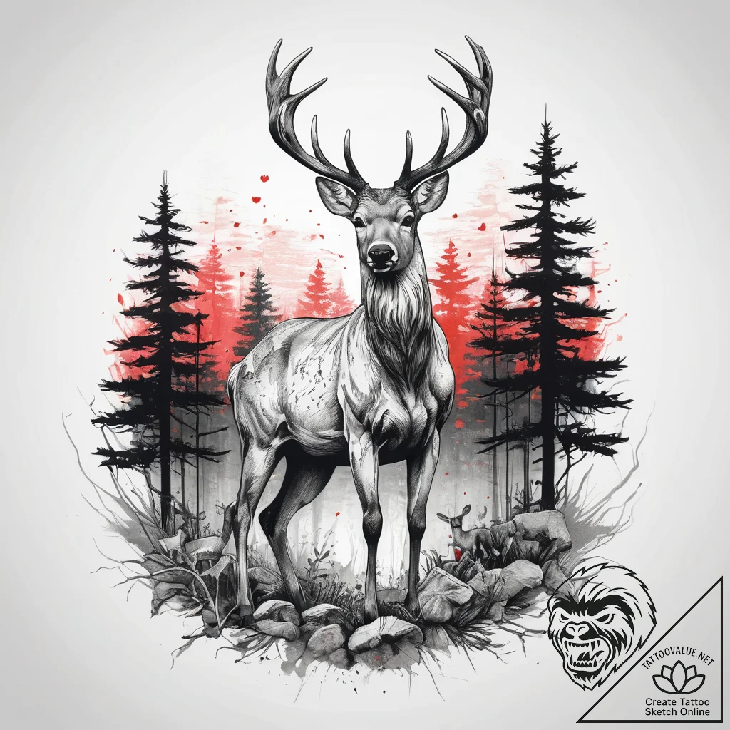 A small herd of deer grazing in a forest clea... - tattoo sketch (№1753776142_0, 29.07.2025 08:02) — tattoovalue.net