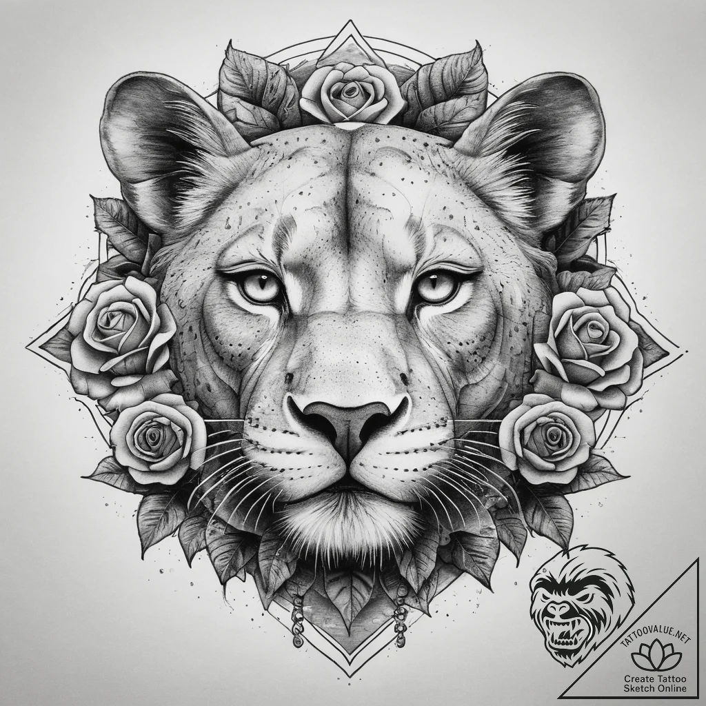 Tattoo sketch a powerful lioness face, serene... - tattoo sketch (№1753778479_0, 29.07.2025 08:41) — tattoovalue.net