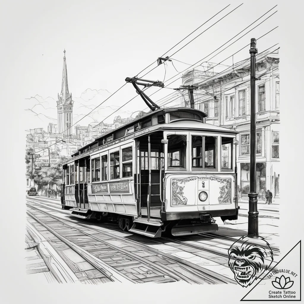 A street-level view of the iconic cable cars... - tattoo sketch (№1753800657_0, 29.07.2025 14:50) — tattoovalue.net