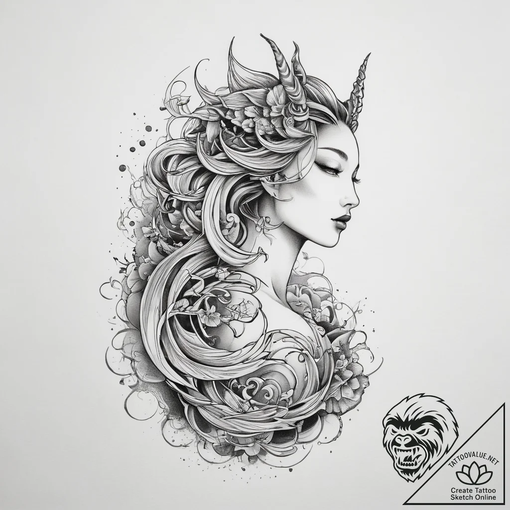 Tattoo design a virgo maiden's profile, outli... - tattoo sketch (№1753803265_0, 29.07.2025 15:34) — tattoovalue.net