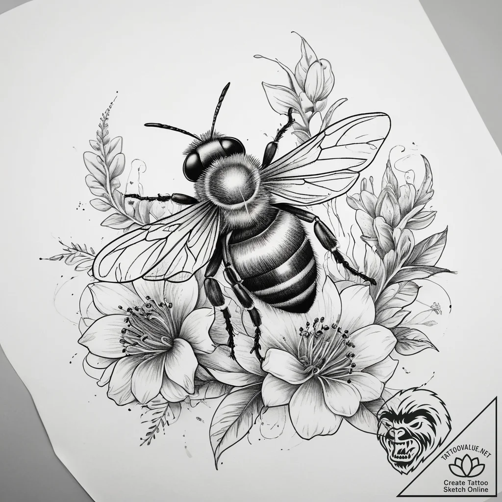 Tattoo sketch a delicate bee buzzing around a... - tattoo sketch (№1753807087_0, 29.07.2025 16:38) — tattoovalue.net