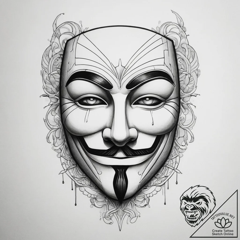 V's mask from v for vendetta, artistic tattoo... - tattoo sketch (№1753810512_0, 29.07.2025 17:35) — tattoovalue.net
