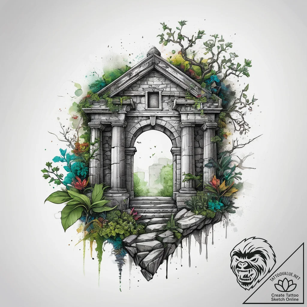 Tattoo design an ancient ruin covered in vine... - tattoo sketch (№1753810711_0, 29.07.2025 17:38) — tattoovalue.net