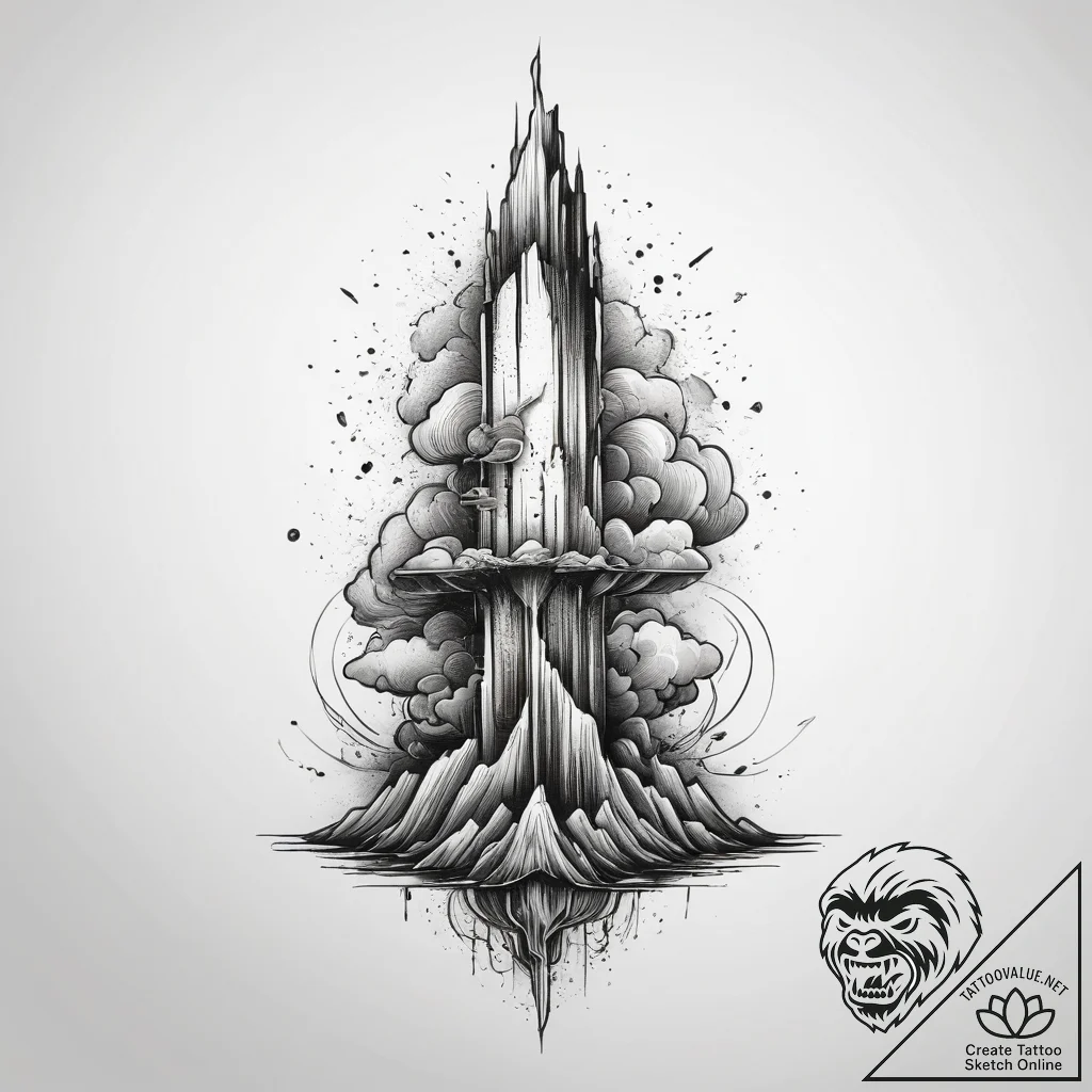 Tattoo sketch a geyser erupting with controll... - tattoo sketch (№1753811315_0, 29.07.2025 17:48) — tattoovalue.net