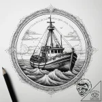 A fishing trawler on a rough sea, nets being… – tattoo sketch (№1753815253_0, 29.07.2025 18:54) — tattoovalue.net