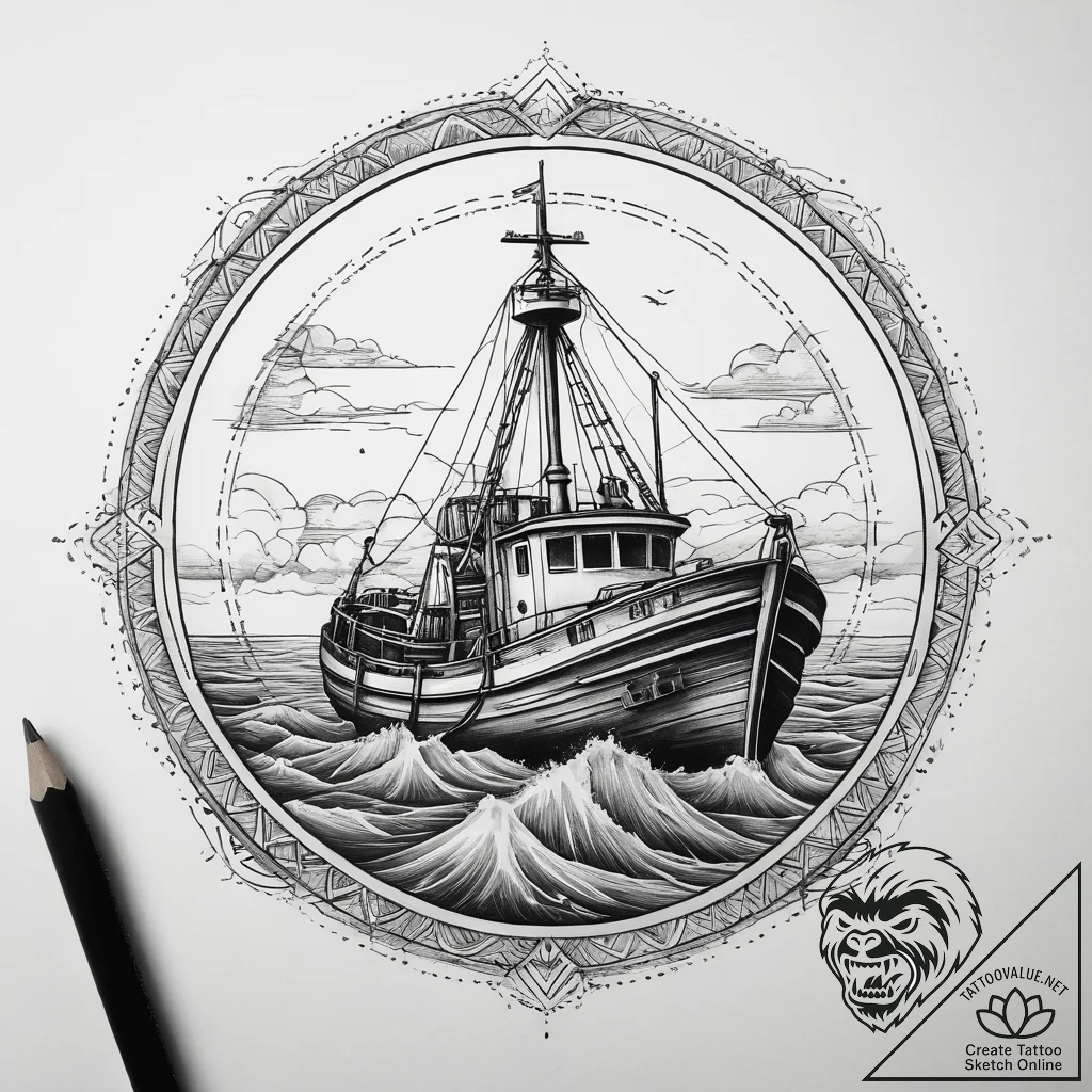 A fishing trawler on a rough sea, nets being... - tattoo sketch (№1753815253_0, 29.07.2025 18:54) — tattoovalue.net