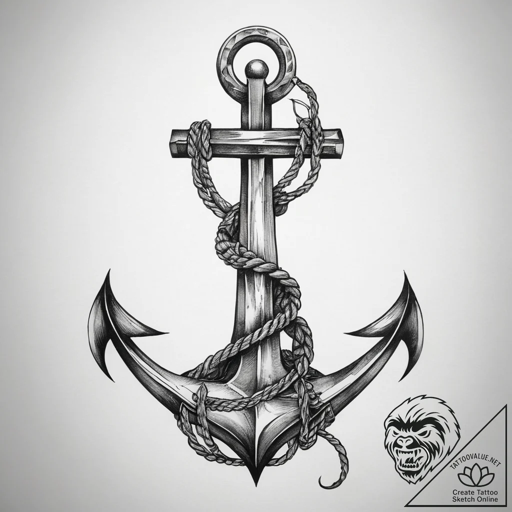 A ship's anchor entwined with rope, tattoo dr... - tattoo sketch (№1753823280_0, 29.07.2025 21:08) — tattoovalue.net