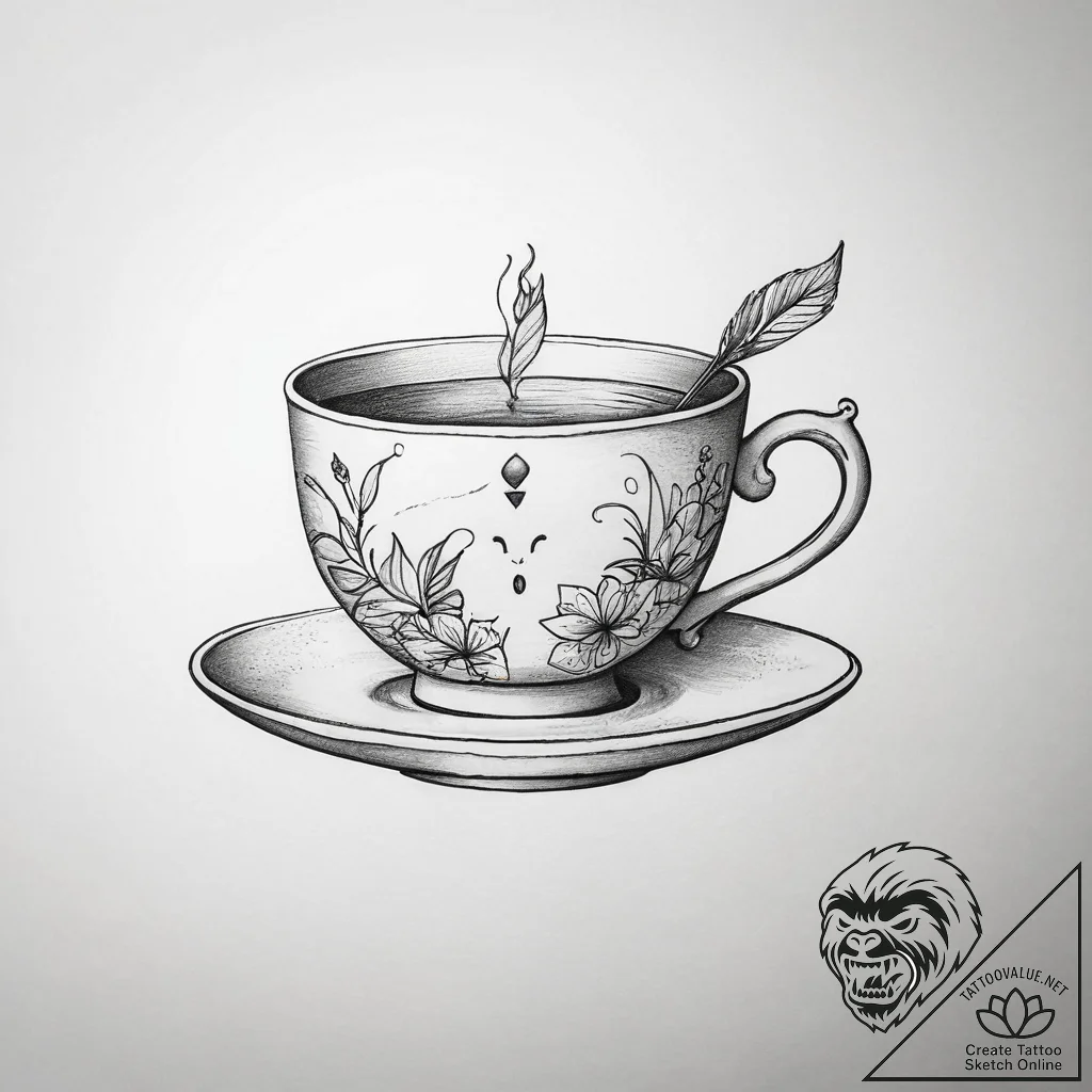 Tattoo sketch a stylized teacup with a whimsi... - tattoo sketch (№1753823868_0, 29.07.2025 21:17) — tattoovalue.net