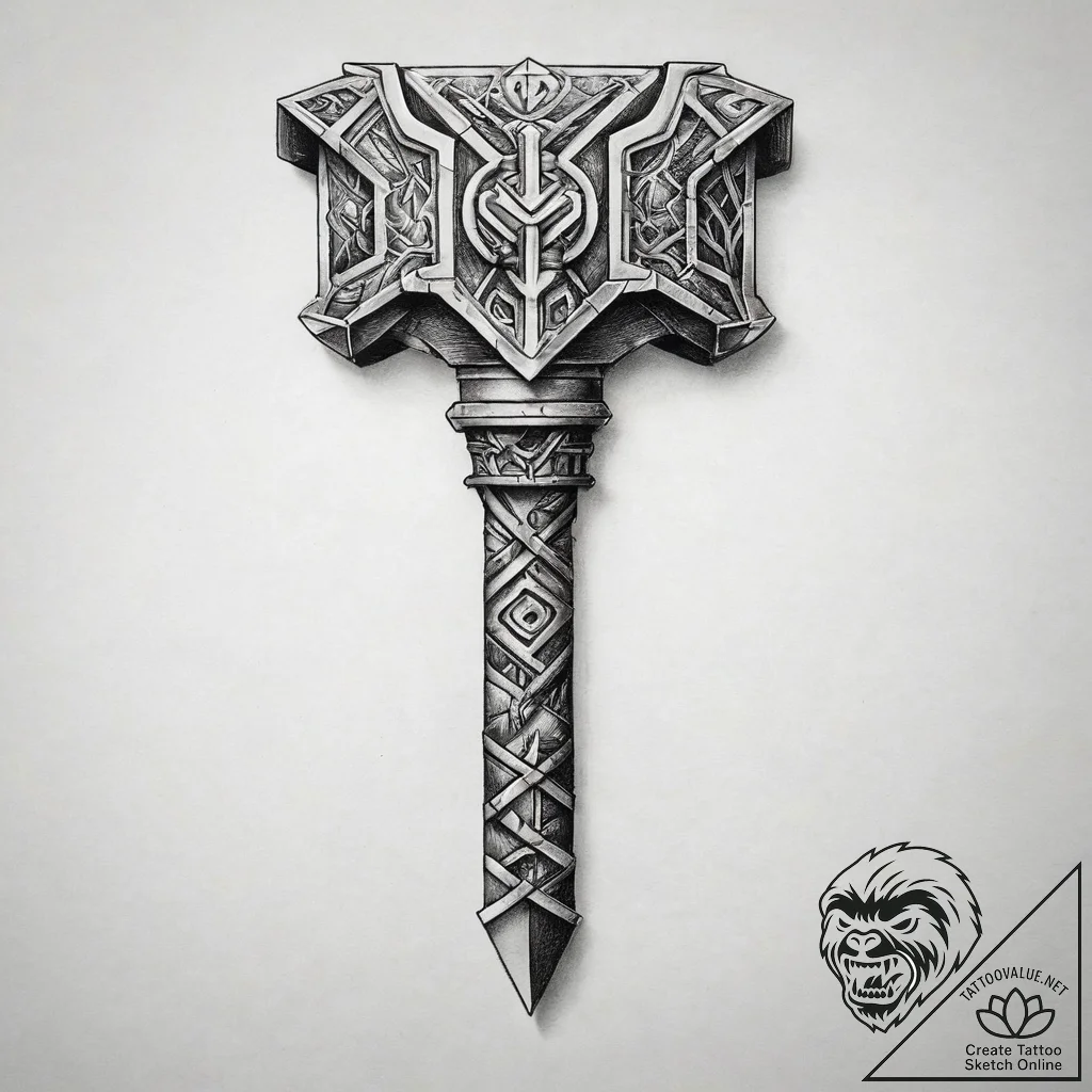 Tattoo sketch: a war hammer stylized after pe... - tattoo sketch (№1753827745_0, 29.07.2025 22:22) — tattoovalue.net
