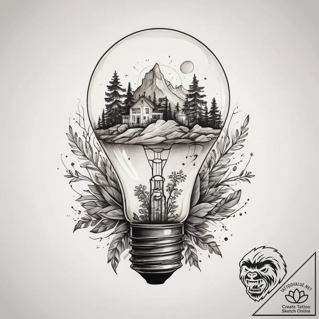 A lightbulb containing a tiny ecosystem, tatt... - tattoo sketch (№1753828133_0, 29.07.2025 22:28) — tattoovalue.net