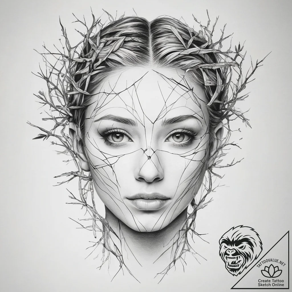A human face made from interwoven tree branch... - tattoo sketch (№1753830087_0, 29.07.2025 23:01) — tattoovalue.net
