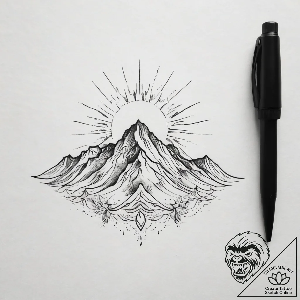Tattoo sketch a sun rising over a mountain ra... - tattoo sketch (№1753832445_0, 29.07.2025 23:40) — tattoovalue.net