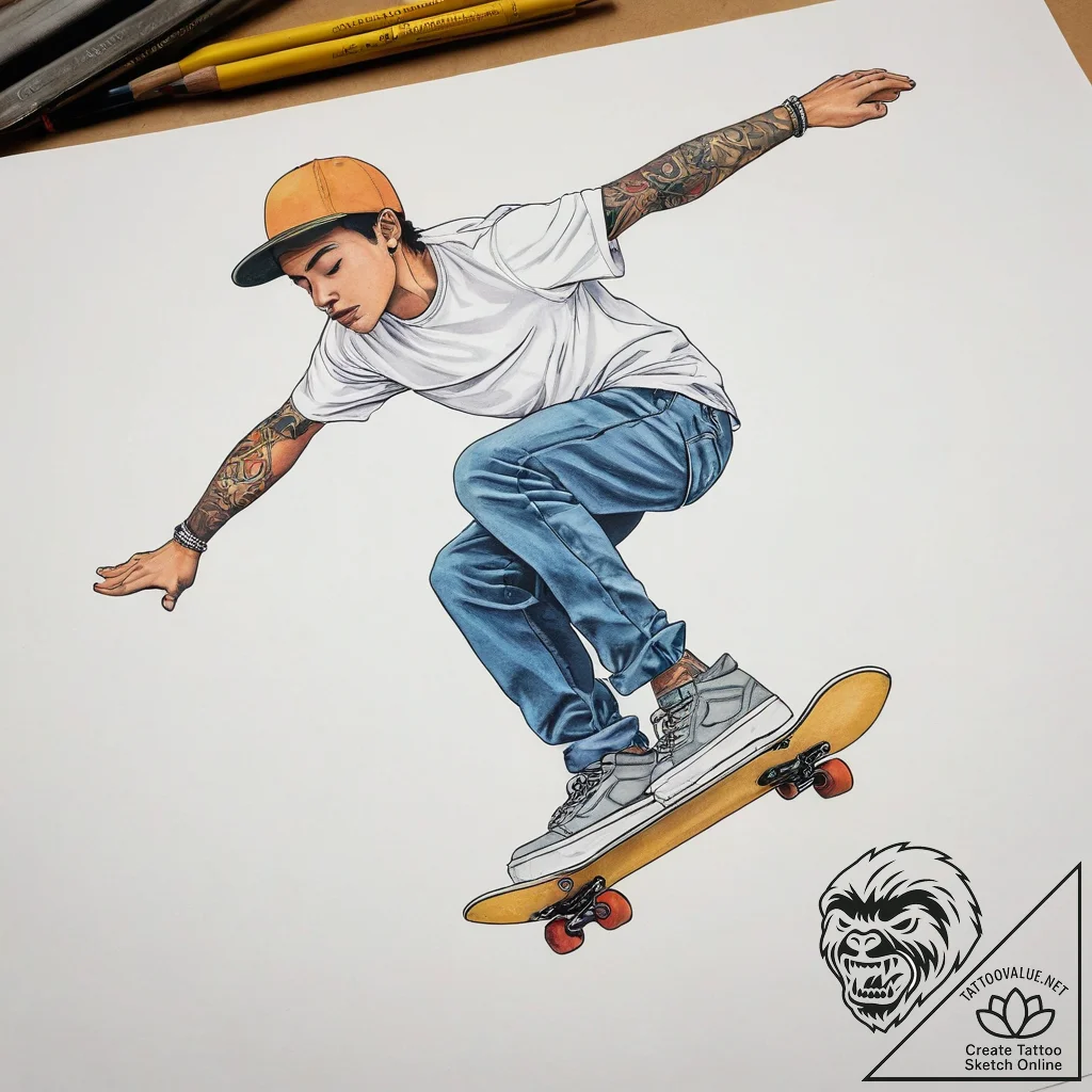 A teenager skateboarding at a skate park duri... - tattoo sketch (№1753865084_0, 30.07.2025 08:44) — tattoovalue.net