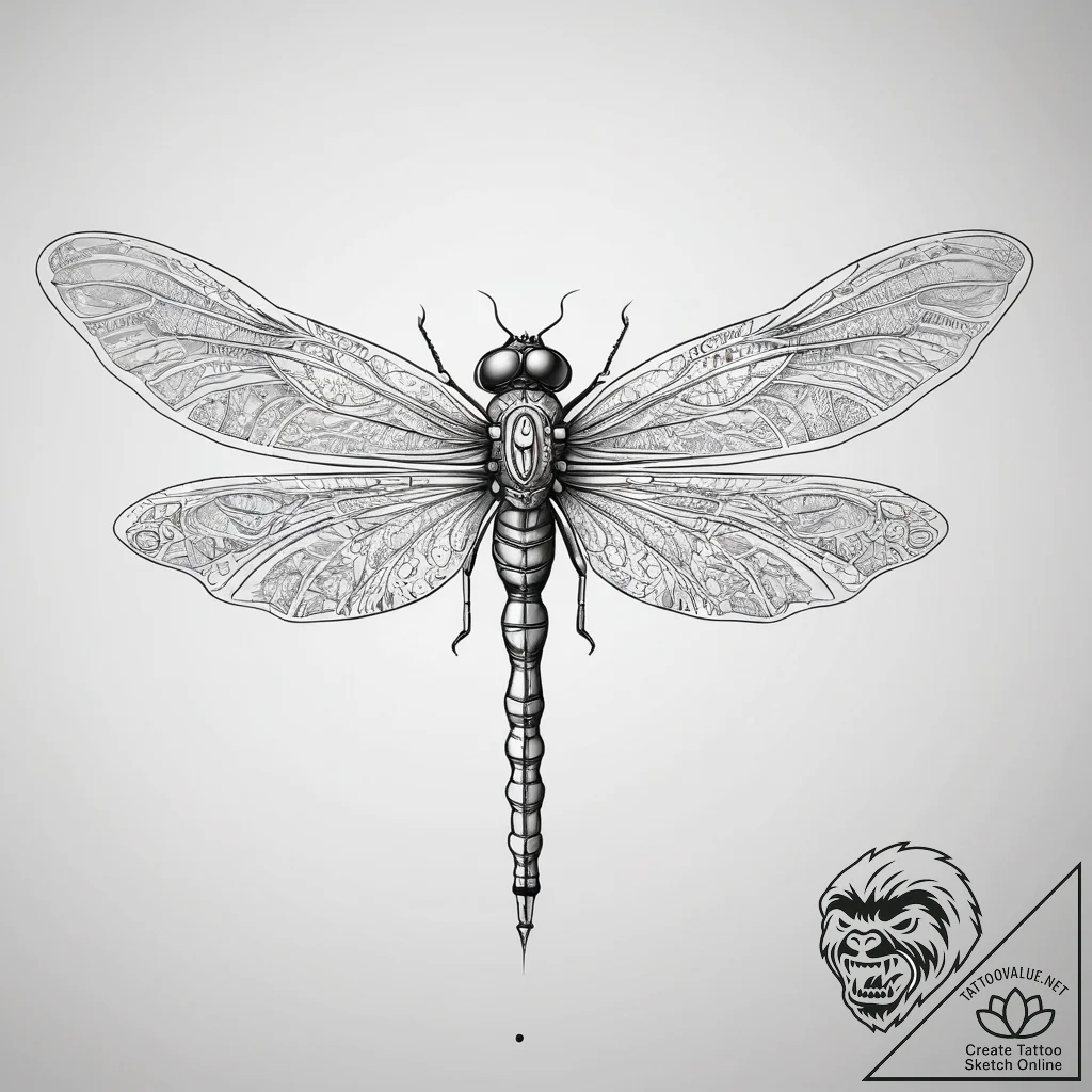 Mechanical dragonfly, ink illustration for ta... - tattoo sketch (№1753866479_0, 30.07.2025 09:07) — tattoovalue.net