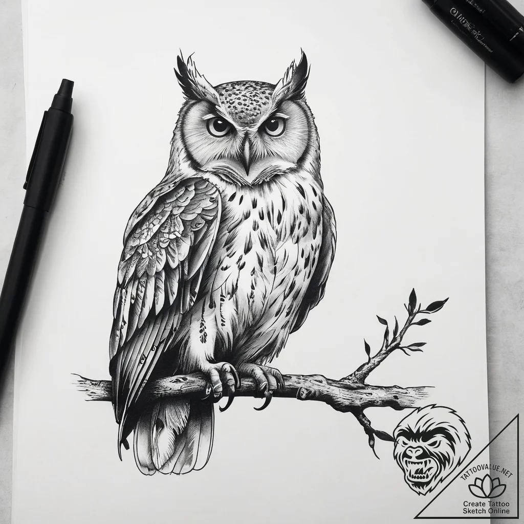 Tattoo design a stylized raven or owl watchin... - tattoo sketch (№1753866872_0, 30.07.2025 09:14) — tattoovalue.net