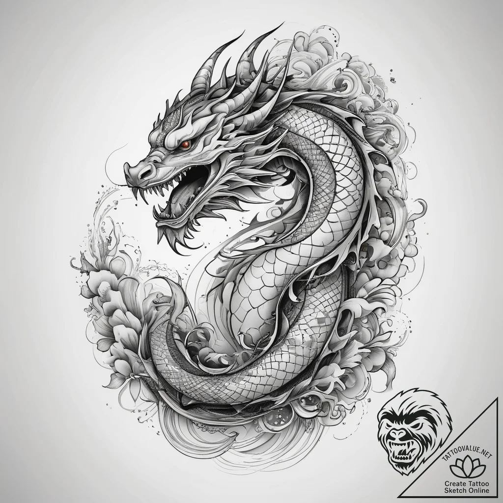 Fractal dragon, tattoo sketch design, irezumi... - tattoo sketch (№1753867461_0, 30.07.2025 09:24) — tattoovalue.net