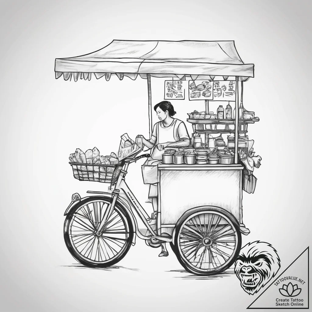 A street food vendor serving noodles from a c... - tattoo sketch (№1753867658_0, 30.07.2025 09:27) — tattoovalue.net