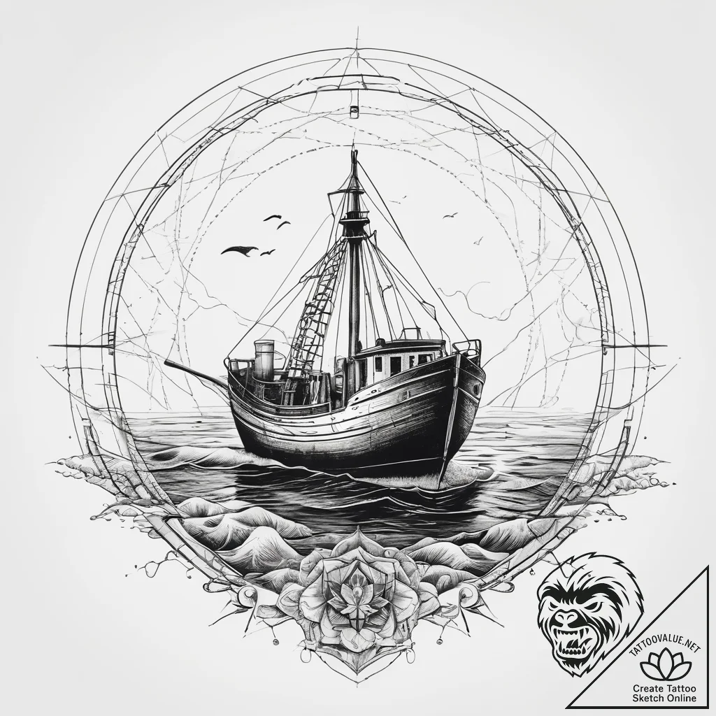 A fishing trawler on a rough sea, nets being... - tattoo sketch (№1753868057_0, 30.07.2025 09:34) — tattoovalue.net