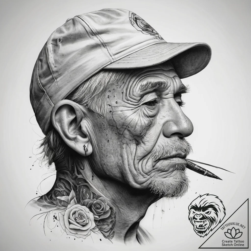A hyperrealistic portrait of an elderly fishe... - tattoo sketch (№1753868854_0, 30.07.2025 09:47) — tattoovalue.net