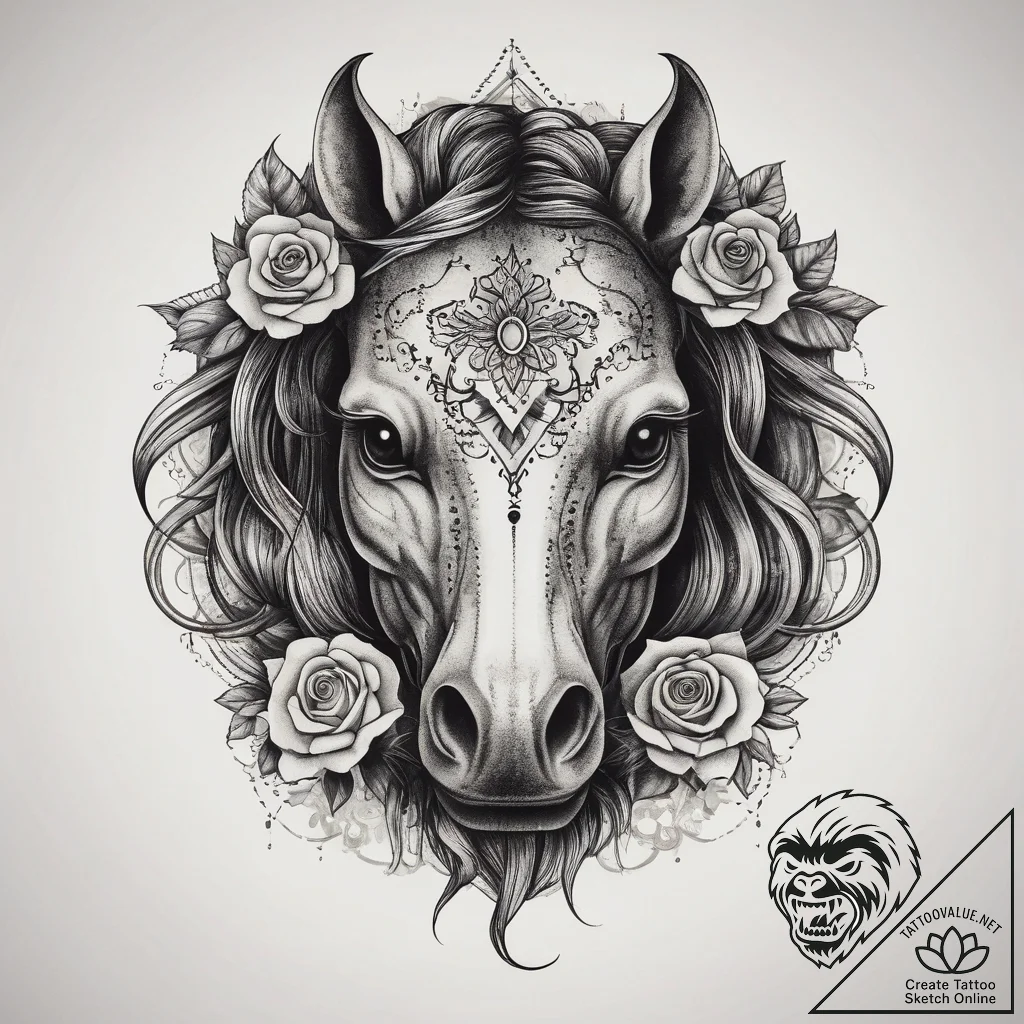 Tattoo sketch a horse's head, graceful and po... - tattoo sketch (№1753871990_0, 30.07.2025 10:39) — tattoovalue.net