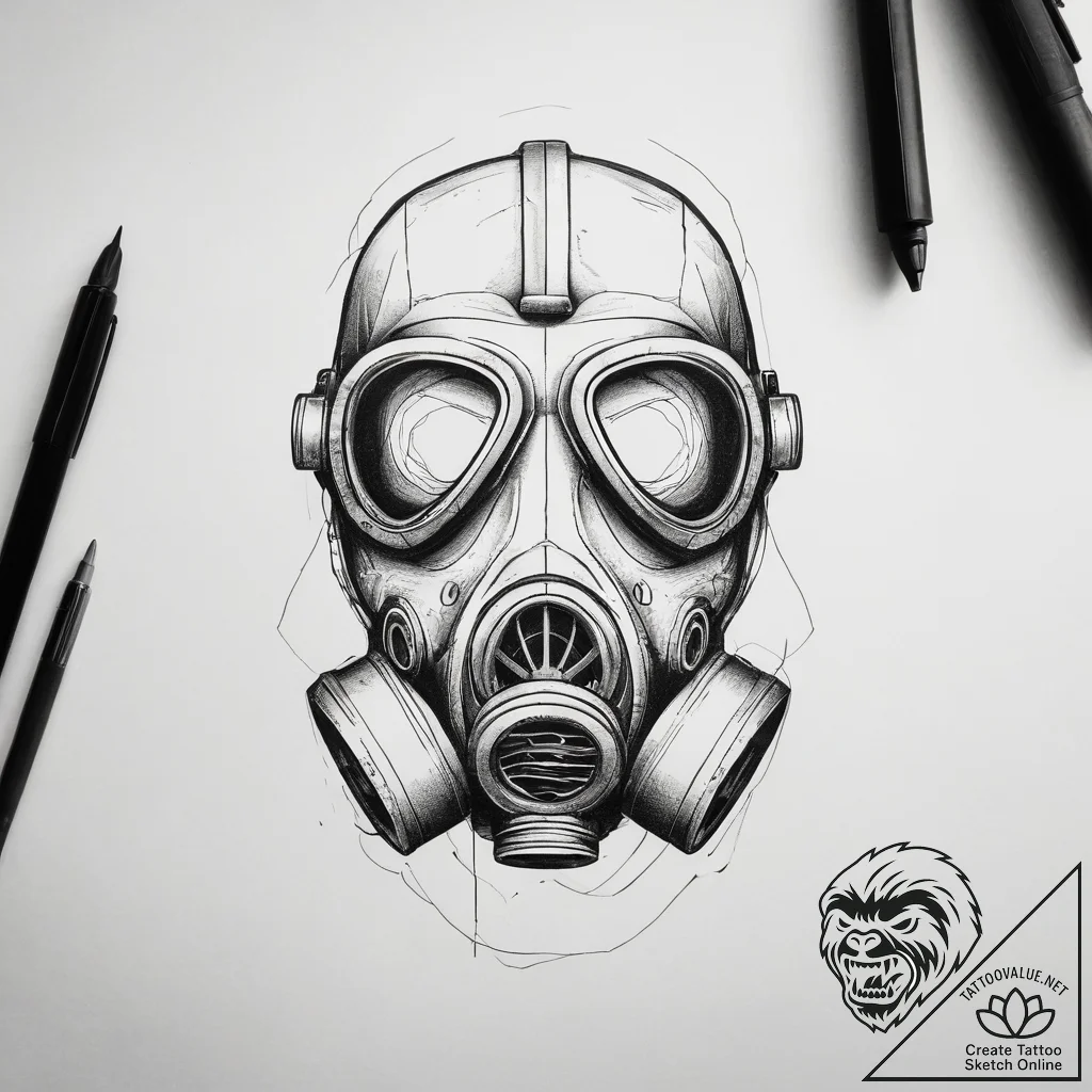 Tattoo sketch a stylized gas mask with a sing... - tattoo sketch (№1753875733_0, 30.07.2025 11:42) — tattoovalue.net