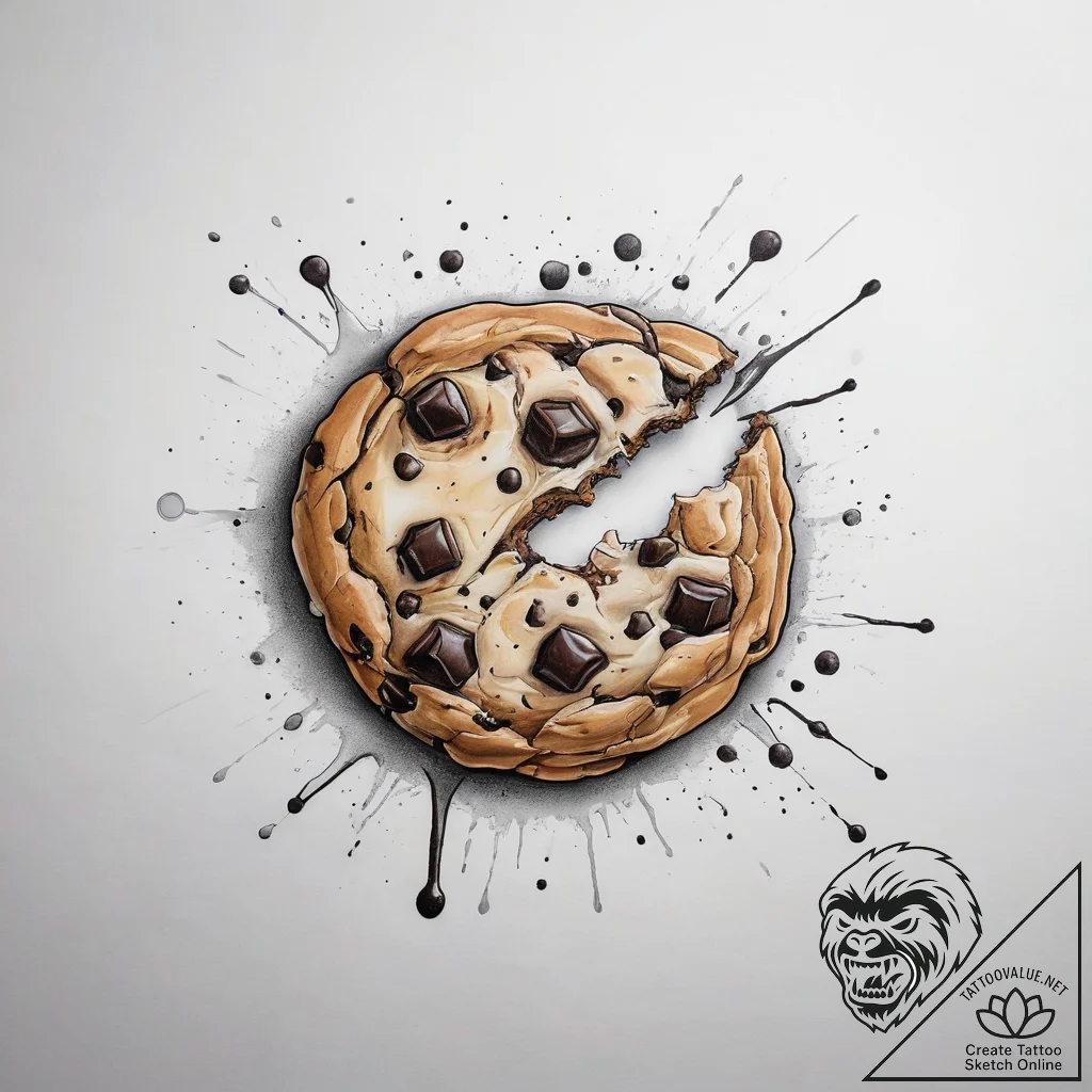 A warm, gooey chocolate chip cookie, freshly... - tattoo sketch (№1753878489_0, 30.07.2025 12:28) — tattoovalue.net