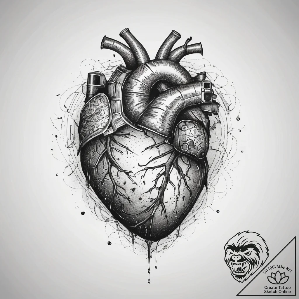 Tattoo sketch a human heart with abstract pro... - tattoo sketch (№1753880672_0, 30.07.2025 13:04) — tattoovalue.net