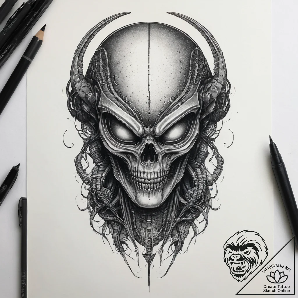 A xenomorph from alien, artistic tattoo sketc... - tattoo sketch (№1753881065_0, 30.07.2025 13:11) — tattoovalue.net