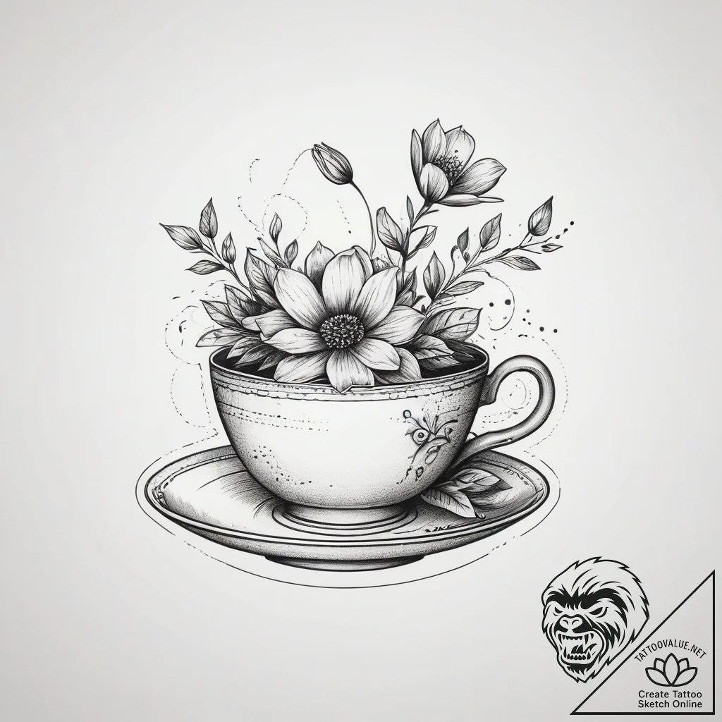 Tattoo sketch a small, elegant teacup with a... - tattoo sketch (№1753883813_0, 30.07.2025 13:56) — tattoovalue.net