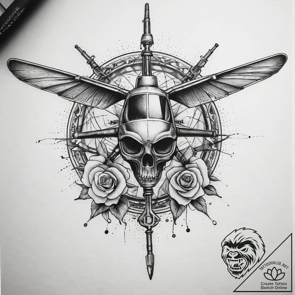 A detailed shot of a helicopter's rotor blade... - tattoo sketch (№1753884815_0, 30.07.2025 14:13) — tattoovalue.net