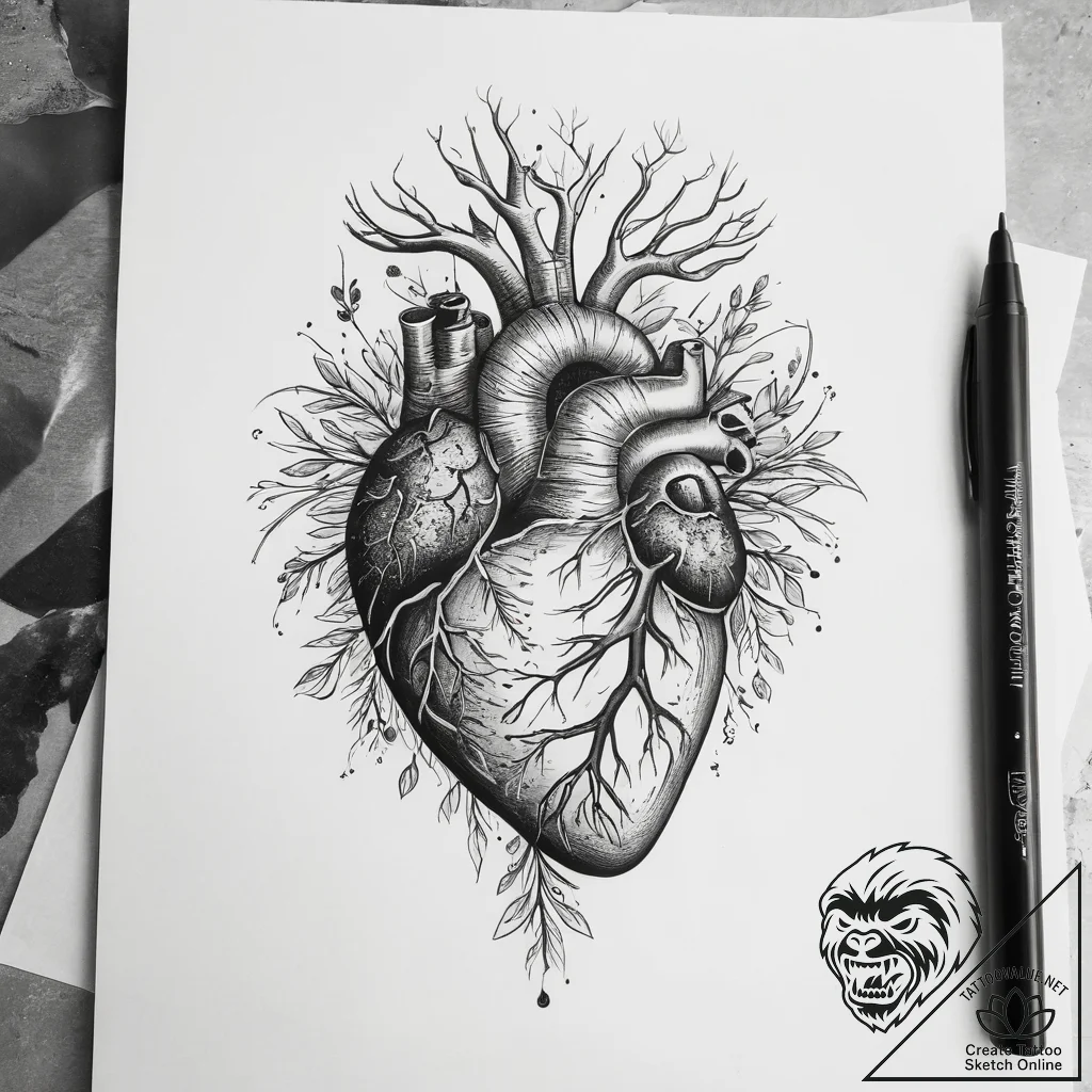 Tattoo sketch an anatomical heart, rendered r... - tattoo sketch (№1753889144_0, 30.07.2025 15:25) — tattoovalue.net