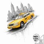 A yellow taxi cab speeding through a puddle i… – tattoo sketch (№1753892130_0, 30.07.2025 16:15) — tattoovalue.net