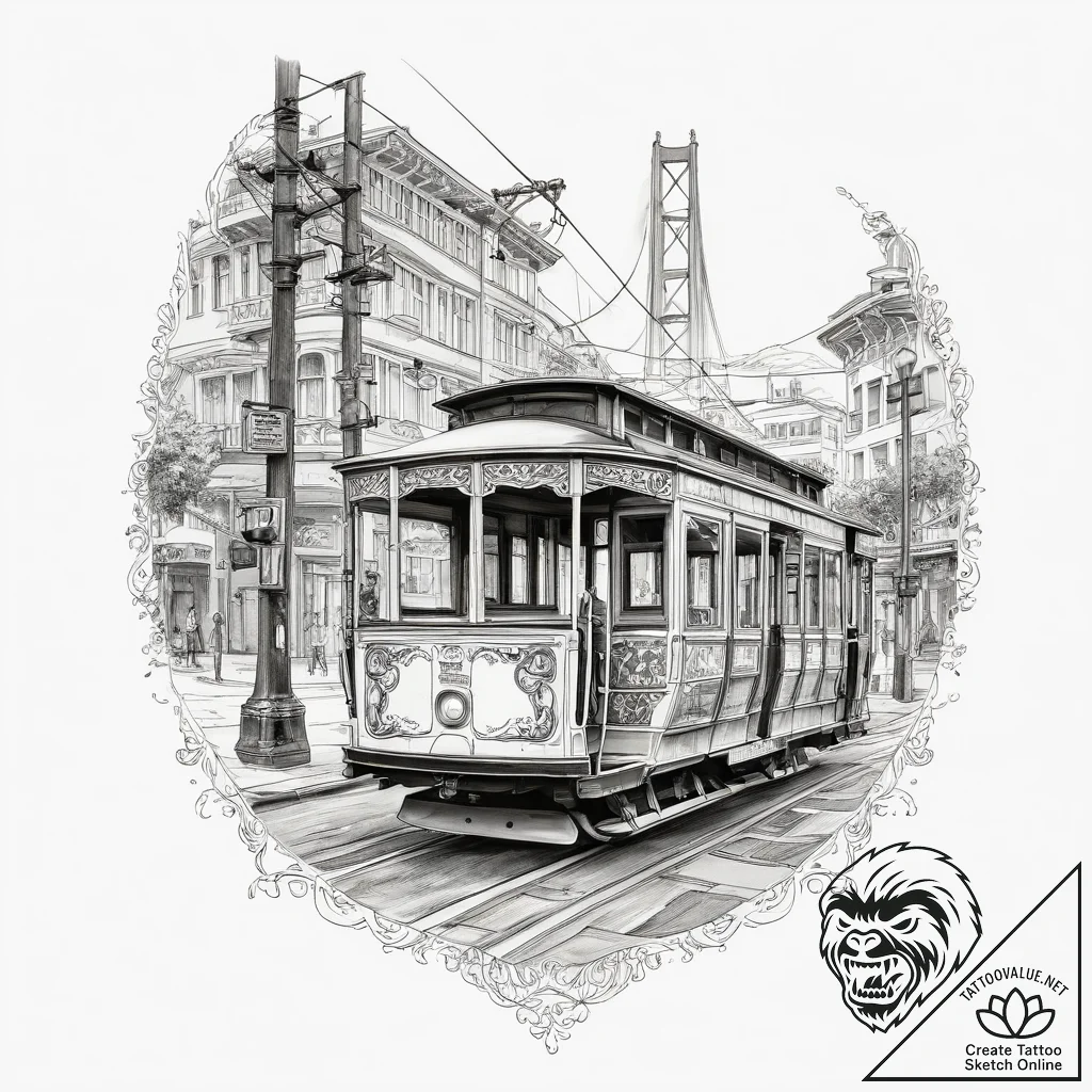 A street-level view of the iconic cable cars... - tattoo sketch (№1753892790_0, 30.07.2025 16:26) — tattoovalue.net