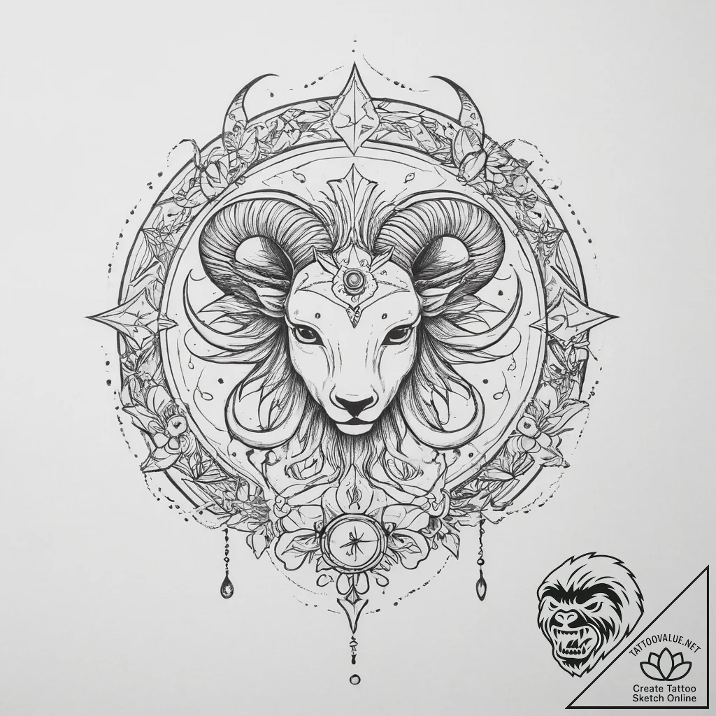 Tattoo design a zodiac glyph (symbol) with su... - tattoo sketch (№1753896355_0, 30.07.2025 17:25) — tattoovalue.net