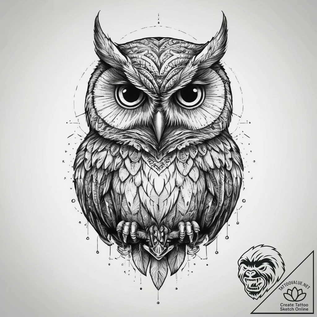 Owl with skull, tattoo drawing outline, detai... - tattoo sketch (№1753898167_0, 30.07.2025 17:56) — tattoovalue.net