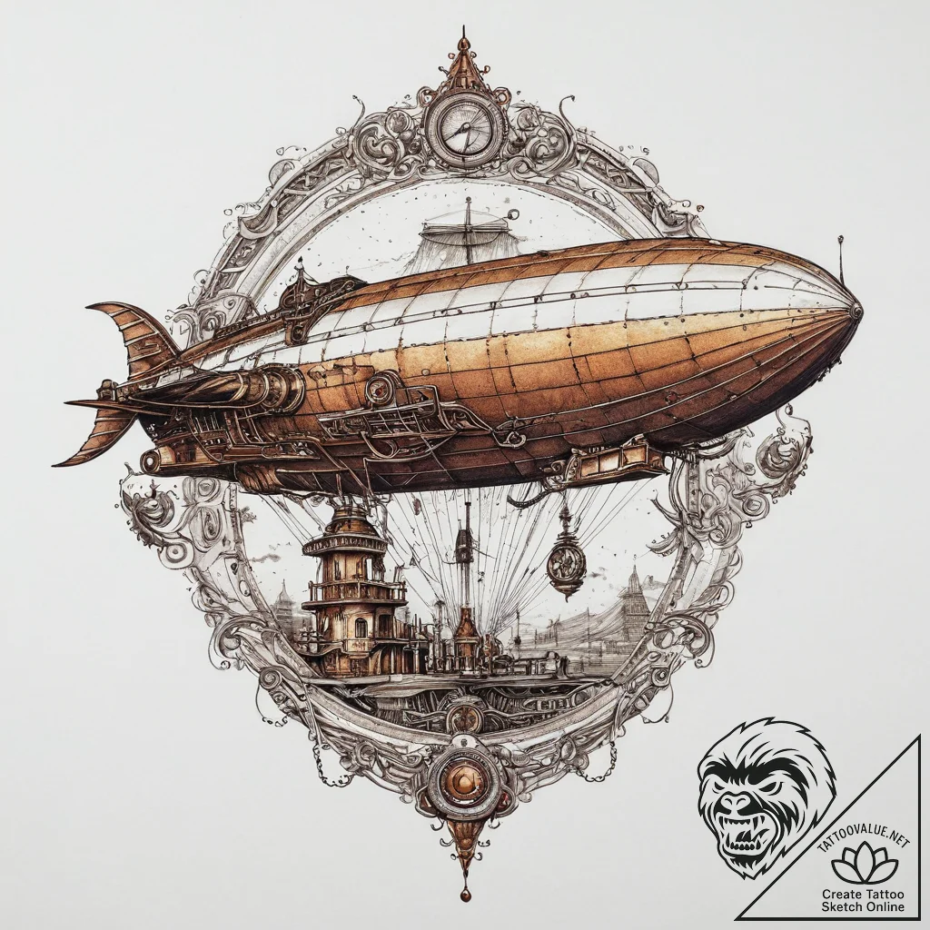 Steampunk airship, artistic tattoo sketch, ne... - tattoo sketch (№1753898761_0, 30.07.2025 18:06) — tattoovalue.net