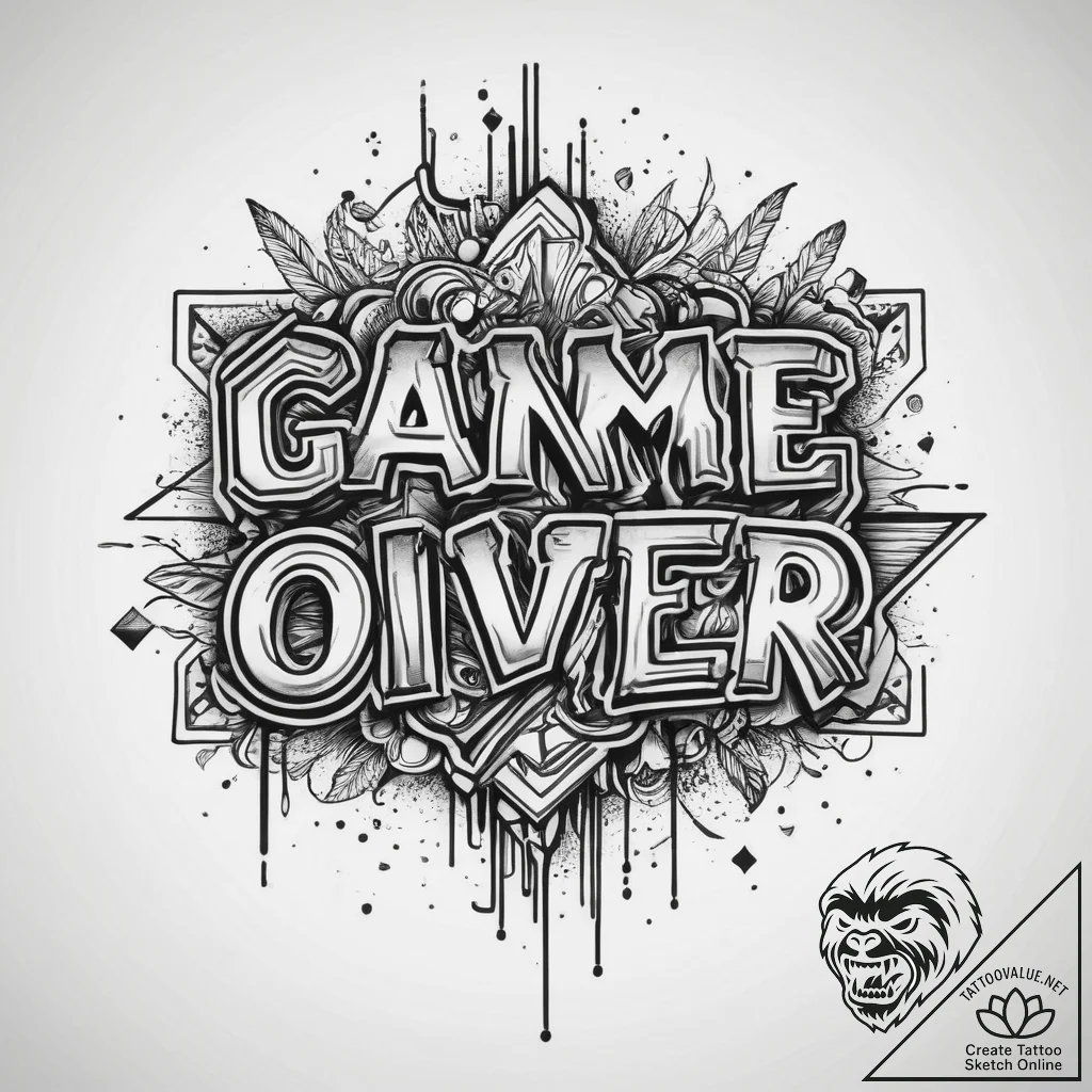 Tattoo sketch a "game over" message made of f... - tattoo sketch (№1753900159_0, 30.07.2025 18:29) — tattoovalue.net