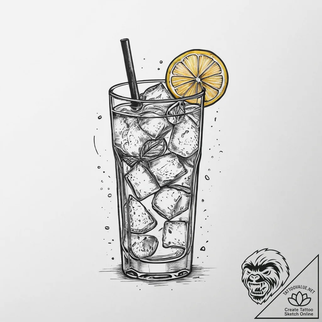 A glass of iced tea with lemon and mint, cond... - tattoo sketch (№1753900559_0, 30.07.2025 18:35) — tattoovalue.net