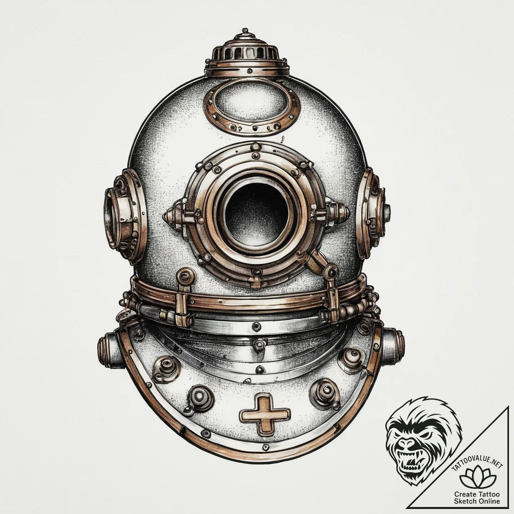 Antique diving helmet, tattoo sketch design,... - tattoo sketch (№1753903331_0, 30.07.2025 19:22) — tattoovalue.net
