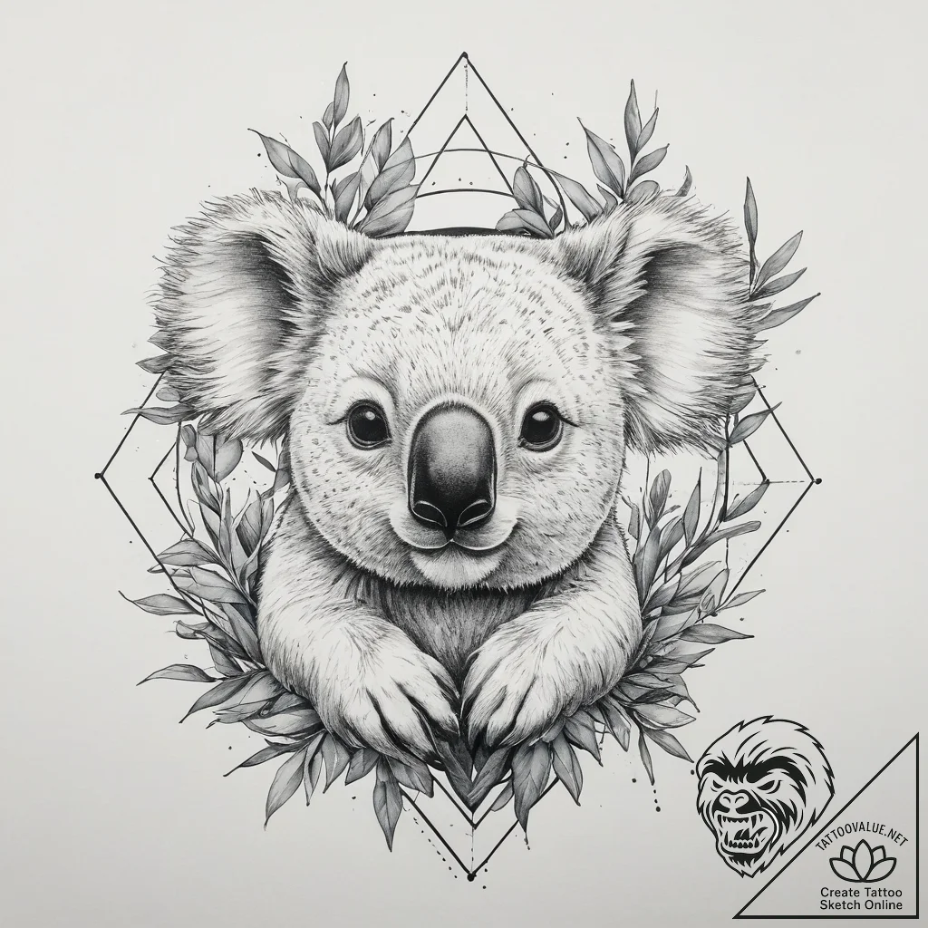A sleepy koala clinging to a eucalyptus tree... - tattoo sketch (№1753904724_0, 30.07.2025 19:45) — tattoovalue.net