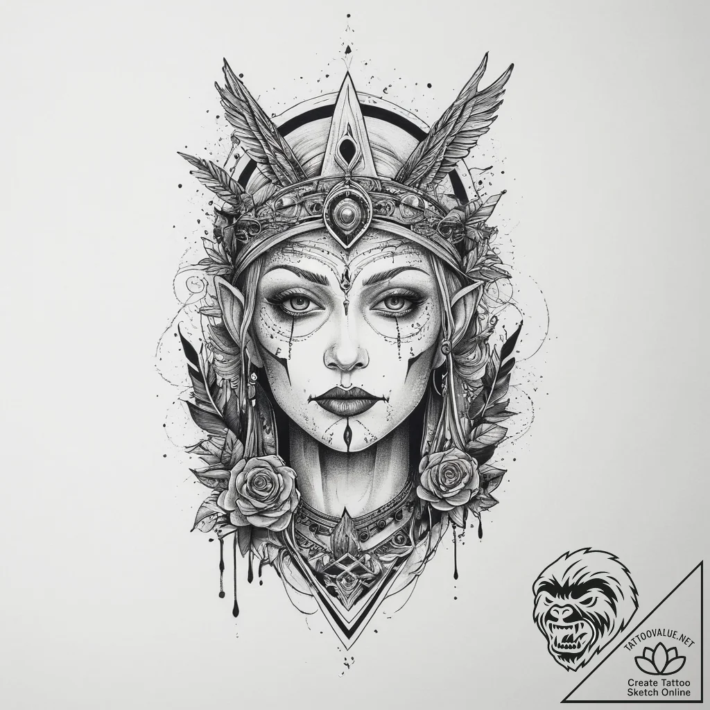 Baba yaga, tattoo drawing outline, muted colo... - tattoo sketch (№1753906309_0, 30.07.2025 20:11) — tattoovalue.net
