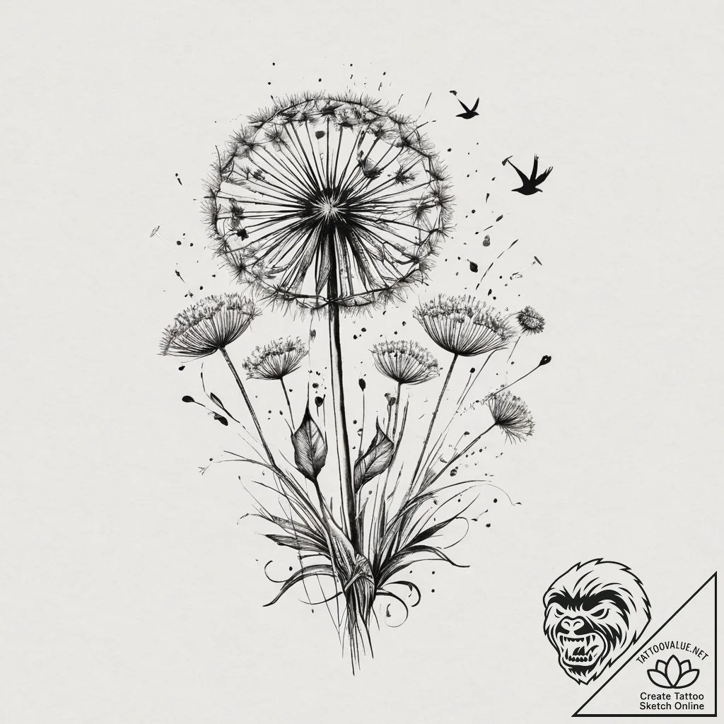 Dandelion with birds, artistic tattoo sketch,... - tattoo sketch (№1753908679_0, 30.07.2025 20:51) — tattoovalue.net