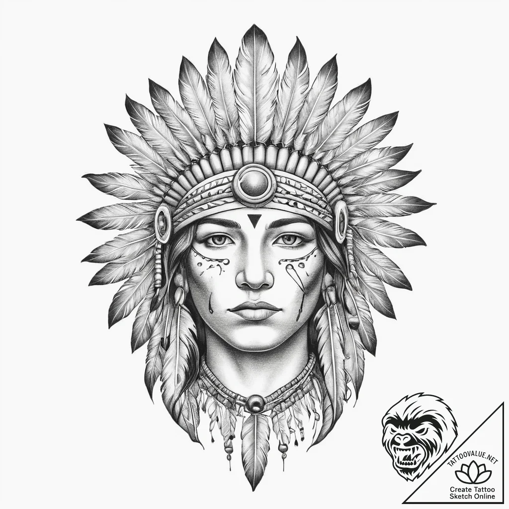 Tattoo sketch a native american warrior's hea... - tattoo sketch (№1753909663_0, 30.07.2025 21:07) — tattoovalue.net