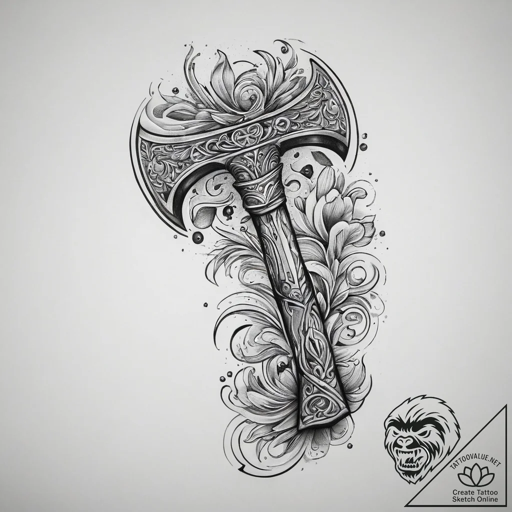 Axe, ink illustration for tattoo, black and g... - tattoo sketch (№1753910462_0, 30.07.2025 21:21) — tattoovalue.net