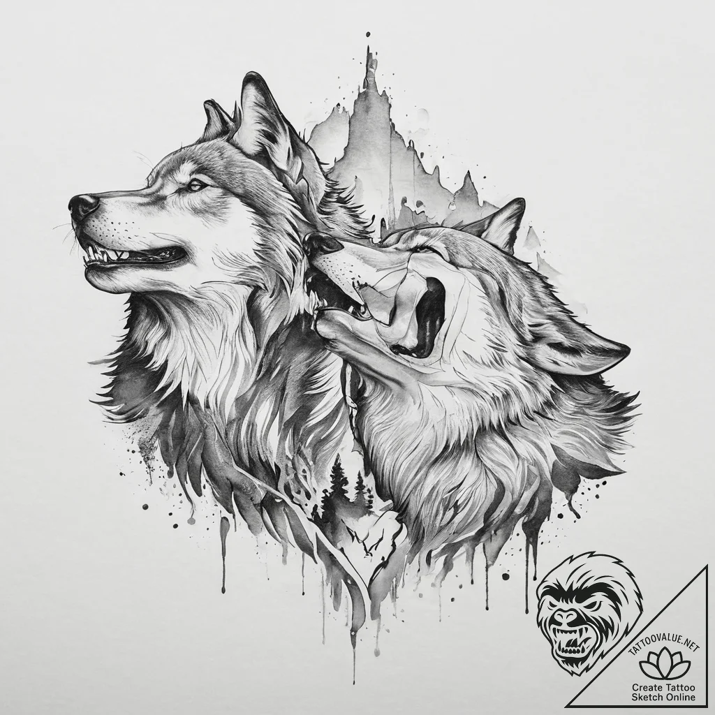 Tattoo sketch a pair of wolves howling togeth... - tattoo sketch (№1753911451_0, 30.07.2025 21:37) — tattoovalue.net