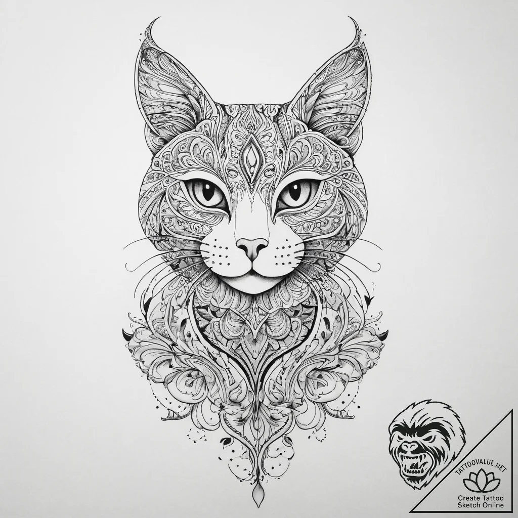 Cat, tattoo drawing outline, black and white... - tattoo sketch (№1753913406_0, 30.07.2025 22:10) — tattoovalue.net