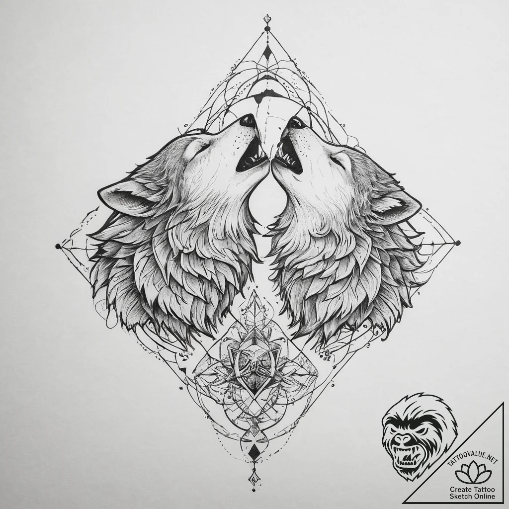 Tattoo sketch a pair of wolves howling togeth... - tattoo sketch (№1753913607_0, 30.07.2025 22:13) — tattoovalue.net
