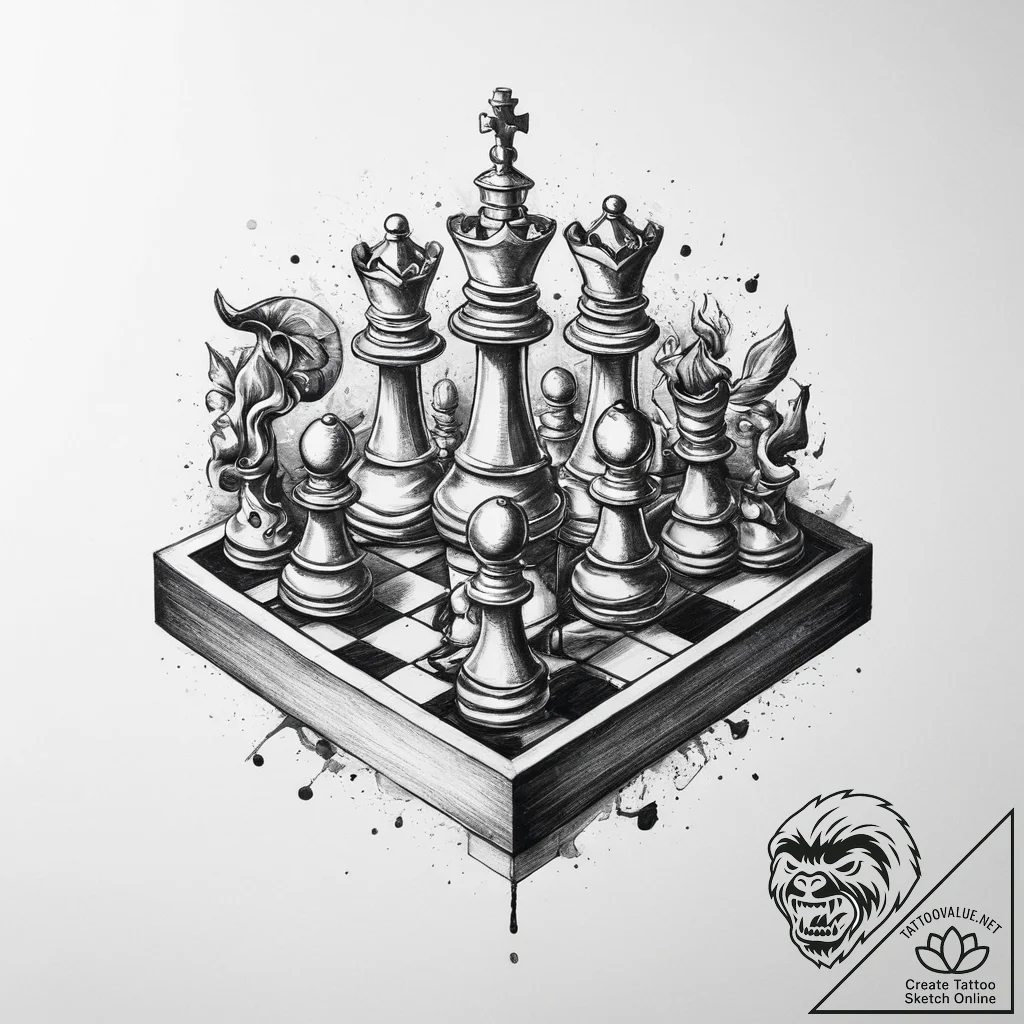 Tattoo sketch a stylized chessboard as a batt... - tattoo sketch (№1753914601_0, 30.07.2025 22:30) — tattoovalue.net